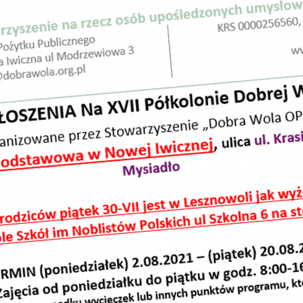 Karta zgłoszenia na Półkolonie Dobrej Woli 2021