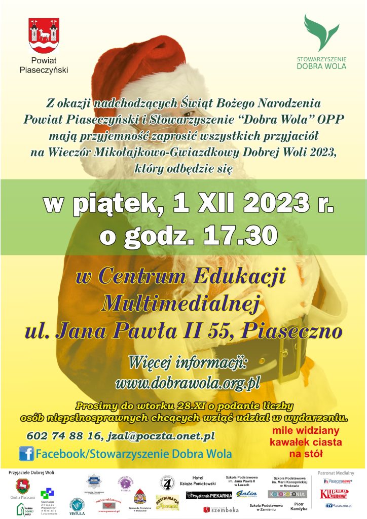 Plakat ze świętym Mikołajem, zapraszający na gwiazdkową imprezę.