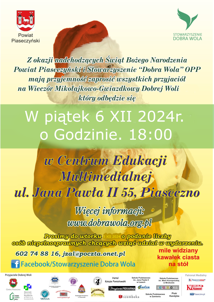 Zapraszamy na Wieczór Mikołajkowo-Gwiazdkowy Dobrej Woli 2024 